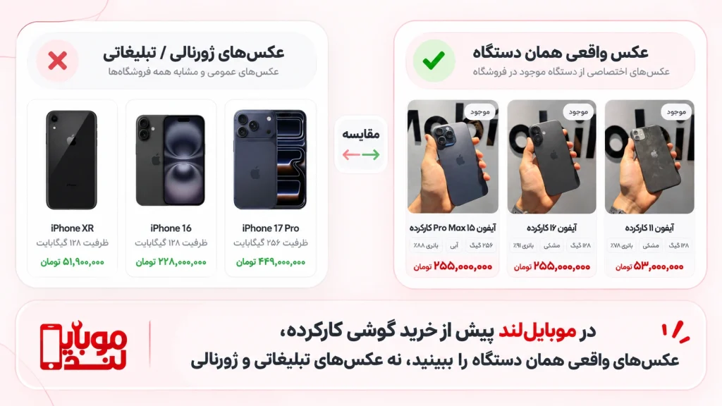 چون هرگوشی کارکرده منحصر به فرد است، از فروشنده عکس ها و مشخصات واقعی دستگاه را بخواهید.